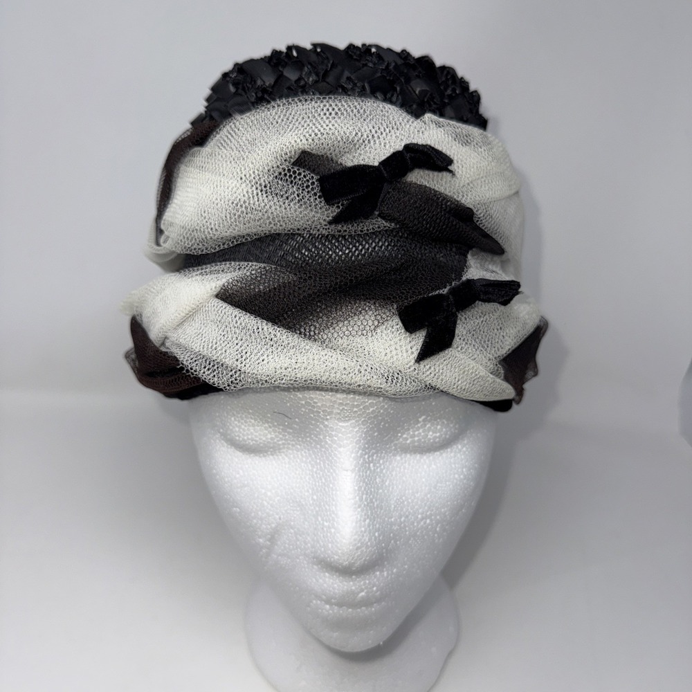 Vintage Black Woven Ribbon Women's Flapper Hat Lace Netted Metal Rim